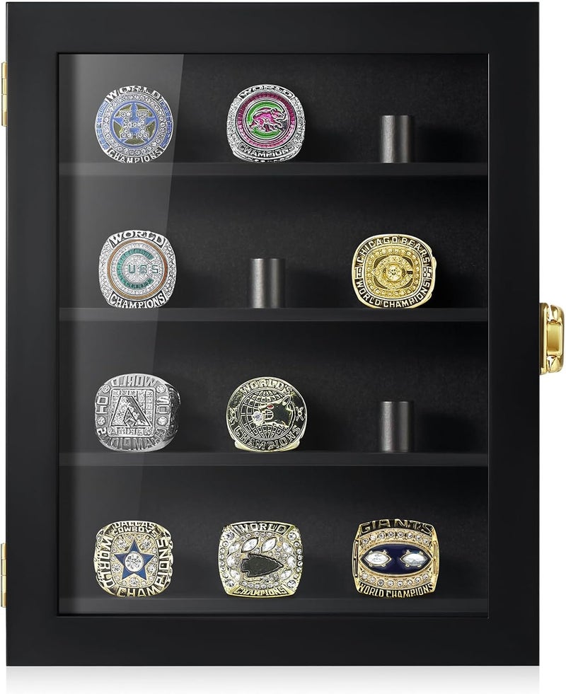 TJMOREE Championship Ring Display Case, 12 Ring Posts Baseball Ring Display Case, 8 x 10 Wall Mount Wooden Glass Shadow Box - Black - Image 2